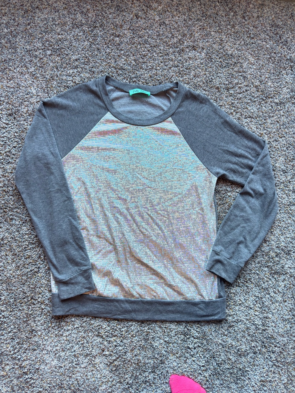 Filly Flair Gray Long Sleeve Raglan Top with Iridescent Front